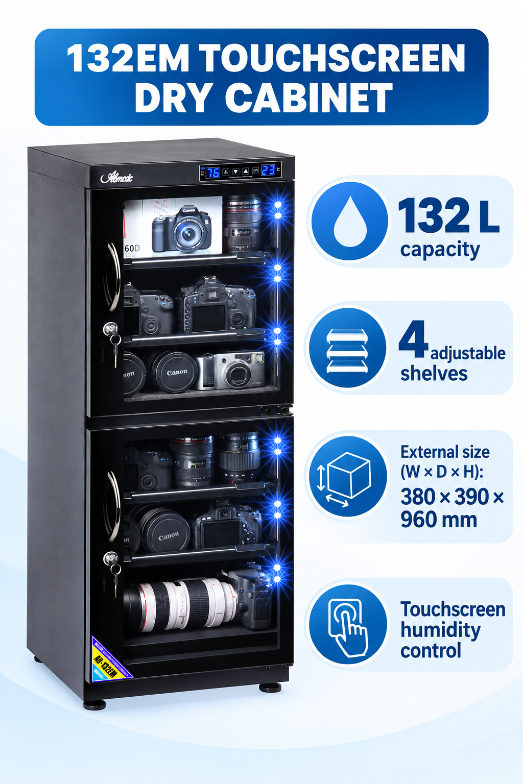 English 132EM cabinet diagram showing touchscreen, capacity, shelves and external dimensions