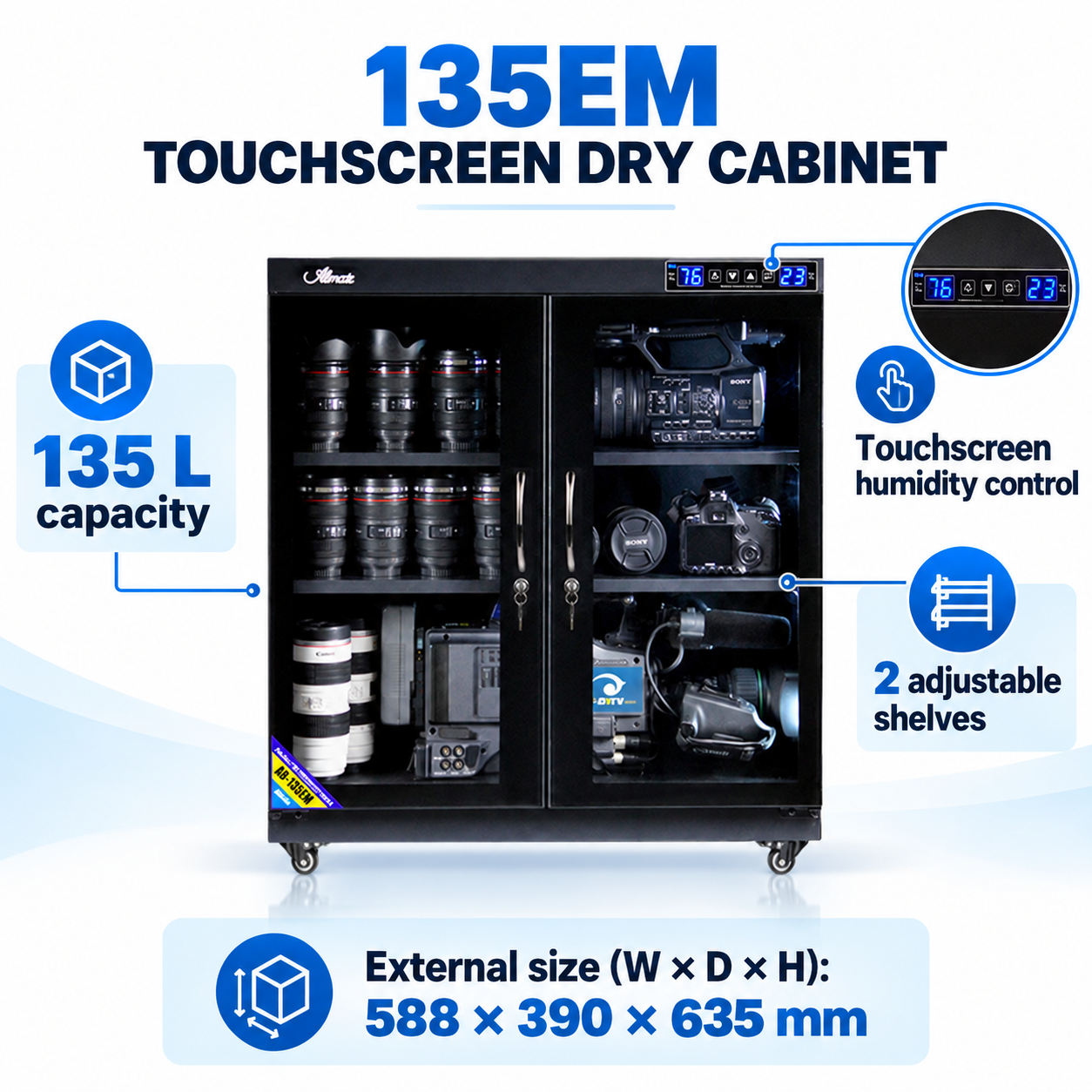 English 135EM cabinet diagram showing touchscreen, capacity, shelves and external dimensions