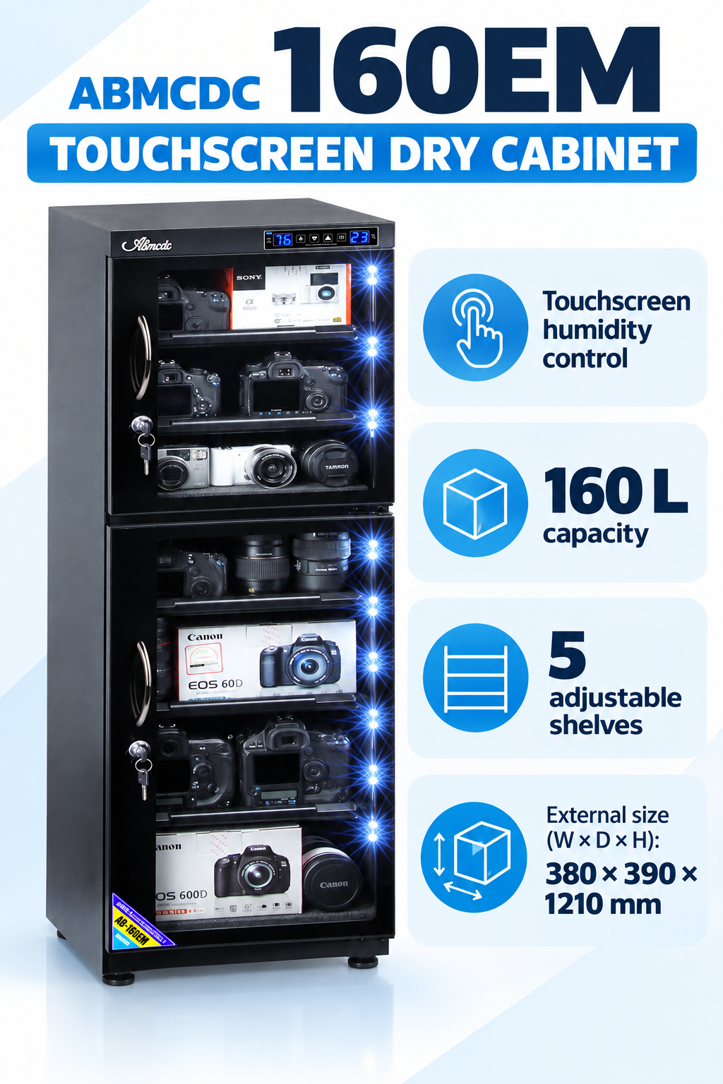 English 160EM cabinet diagram showing touchscreen, capacity, shelves and external dimensions