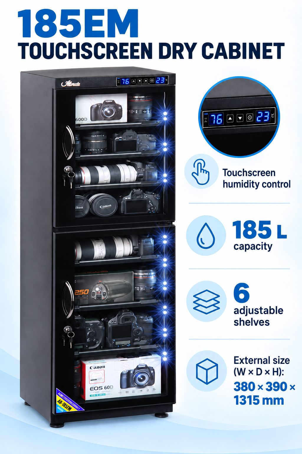 English 185EM cabinet diagram showing touchscreen, capacity, shelves and external dimensions