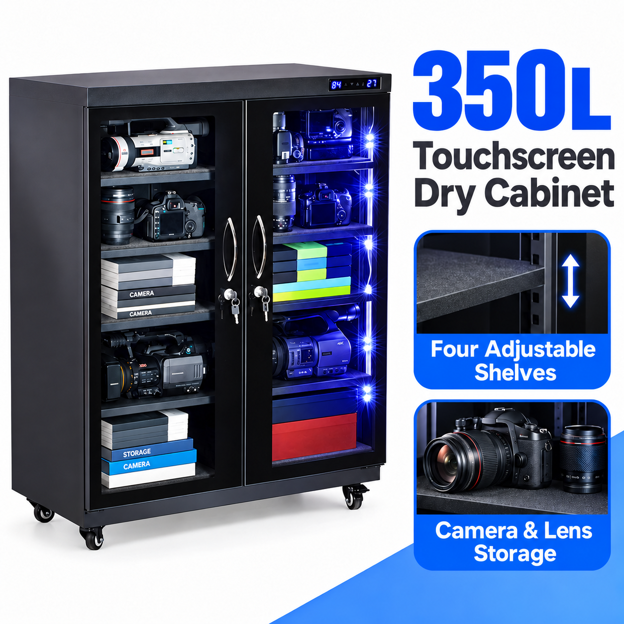 ABMCDC 350EM 350L touchscreen dry cabinet with double doors and adjustable shelving