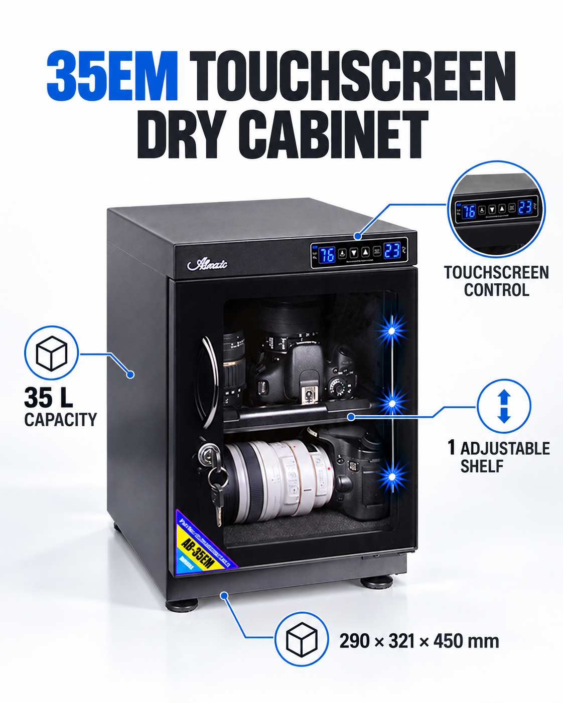 English 35EM cabinet diagram showing the touchscreen, 35 L capacity, one adjustable shelf and dimensions
