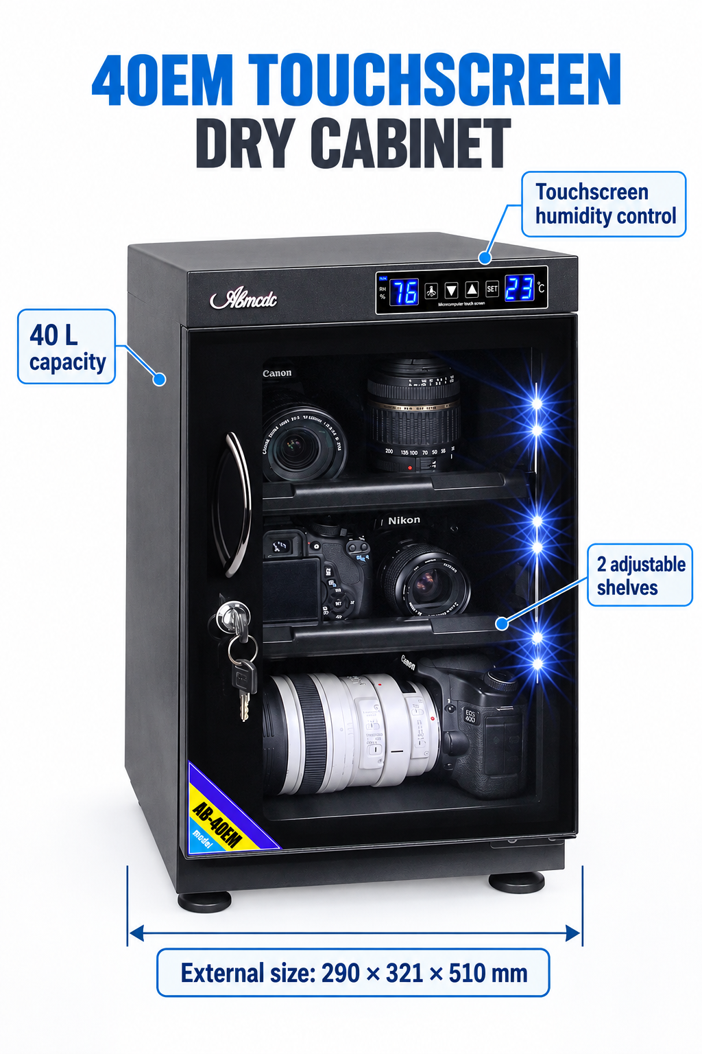 English 40EM cabinet diagram showing touchscreen, capacity, shelves and external dimensions