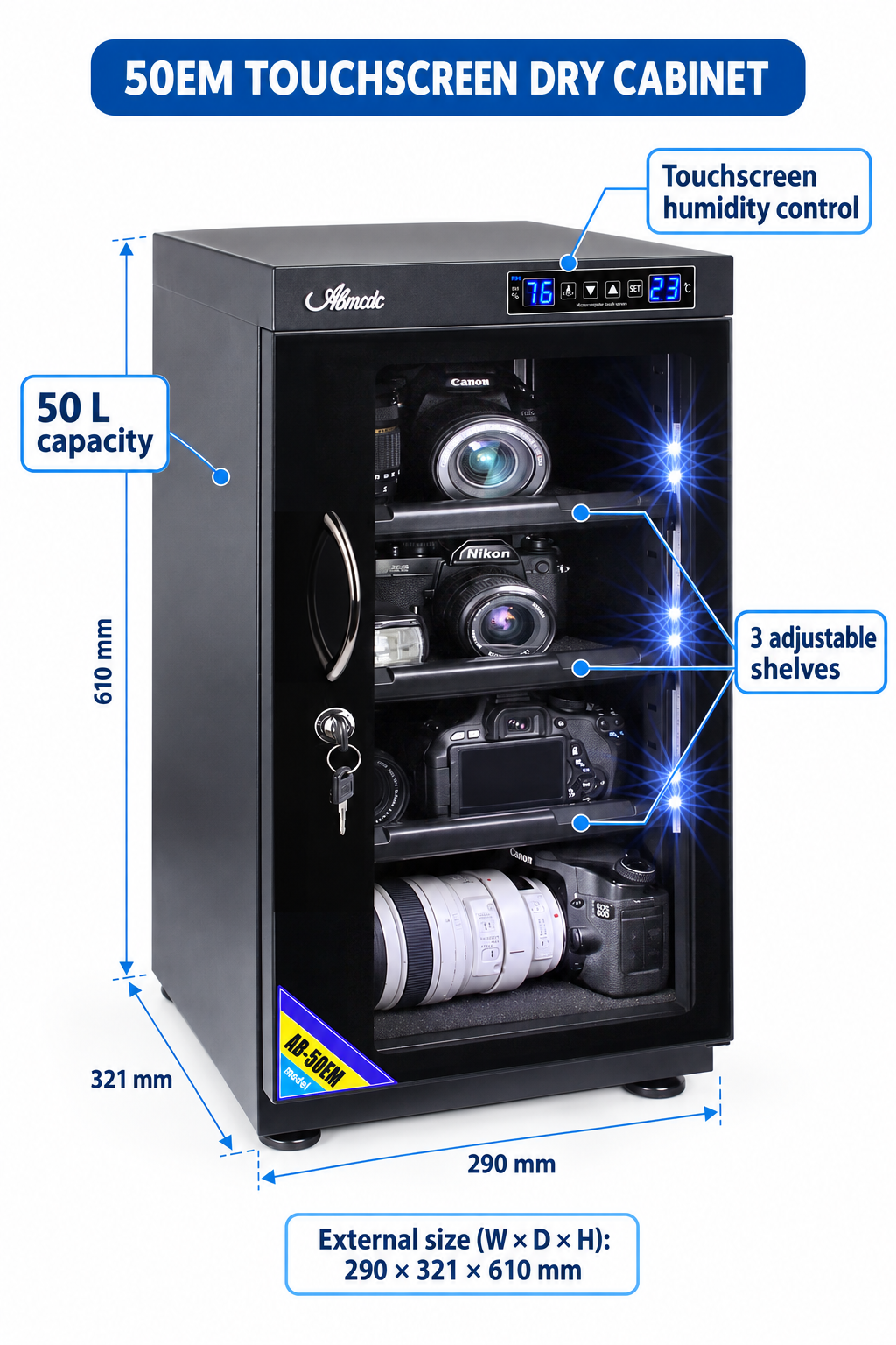 English 50EM cabinet diagram showing touchscreen, capacity, shelves and external dimensions